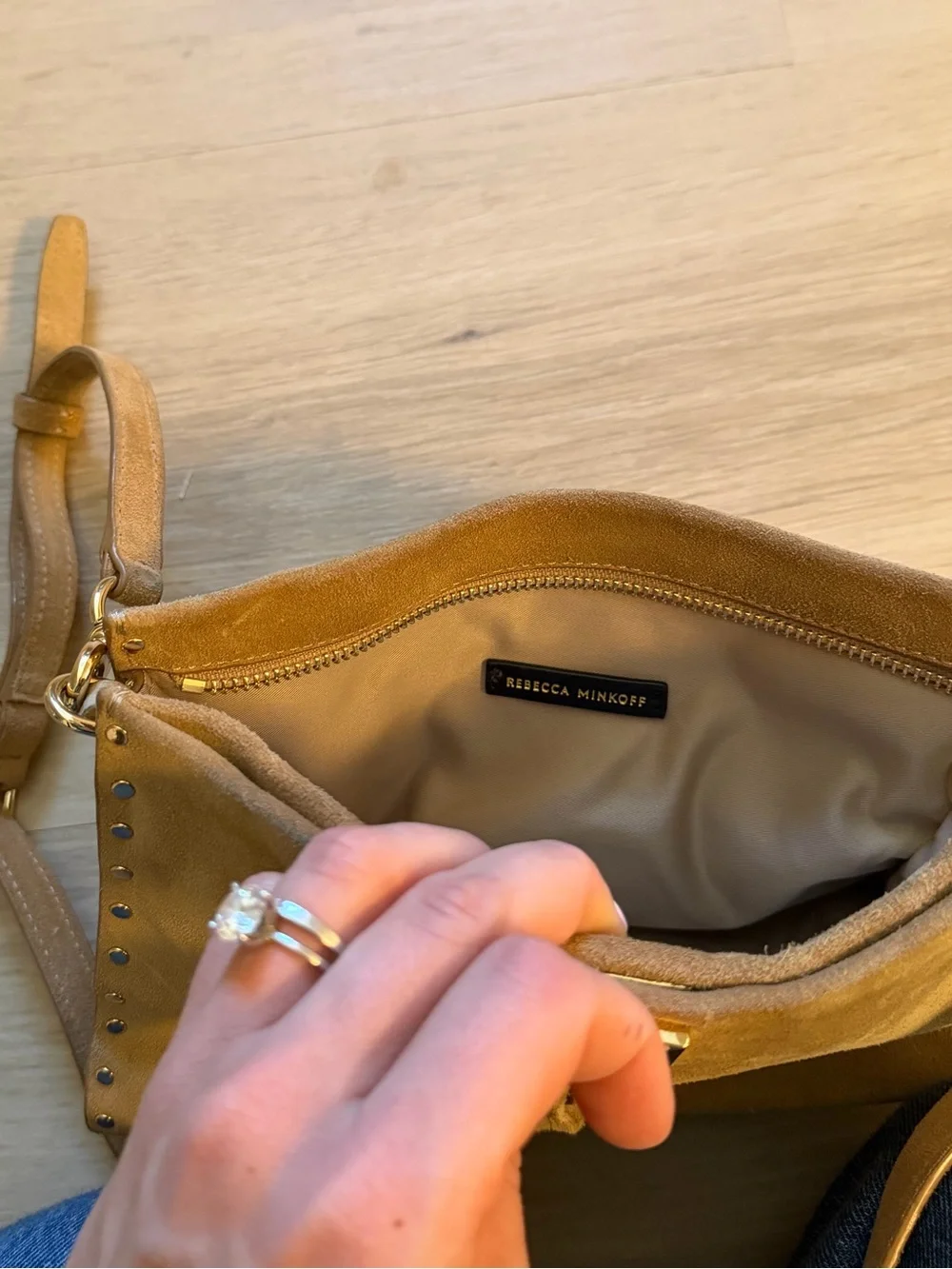 Suede Studded Crossbody Bag - Tan